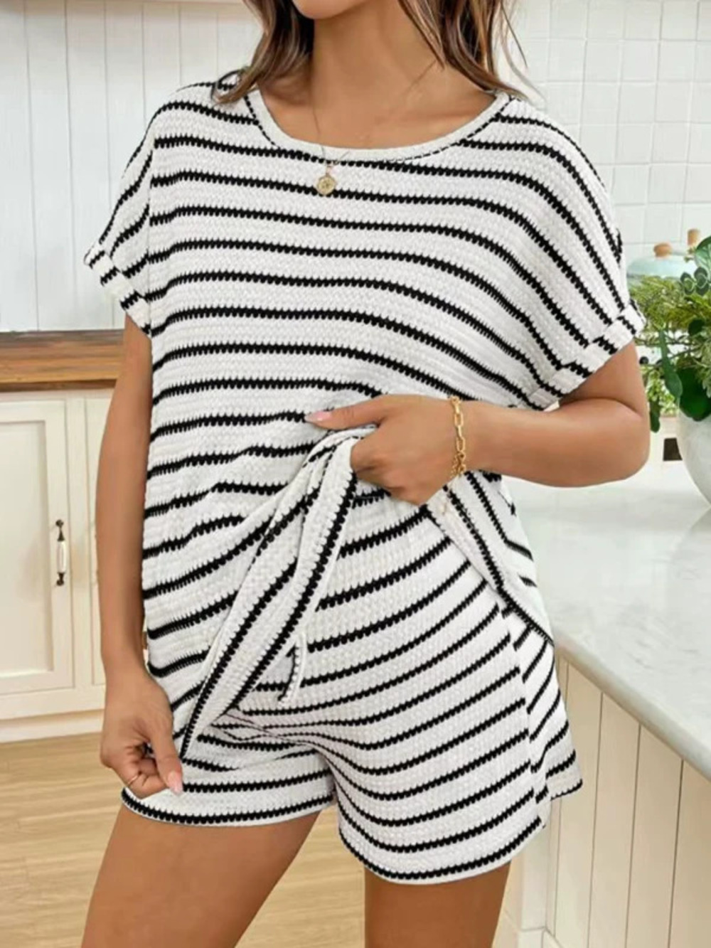 ZARA Maternity Summer Black White Striped Tee Shorts 2Pcs Nursing Loungewear